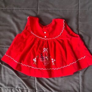 Vintage Red Baby top / dress with scalloped Embroidery 12 months